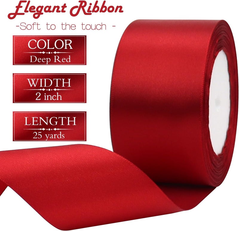 Riunbb Deep red Solid Satin Ribbon 2 Inch 25 Yards Solid Polyester Fabric Ribbon for Gift Wrapping Wedding Christmas Baby Shower Birthday Party Decoration Handmade Immortal Flower Craft - Image 3
